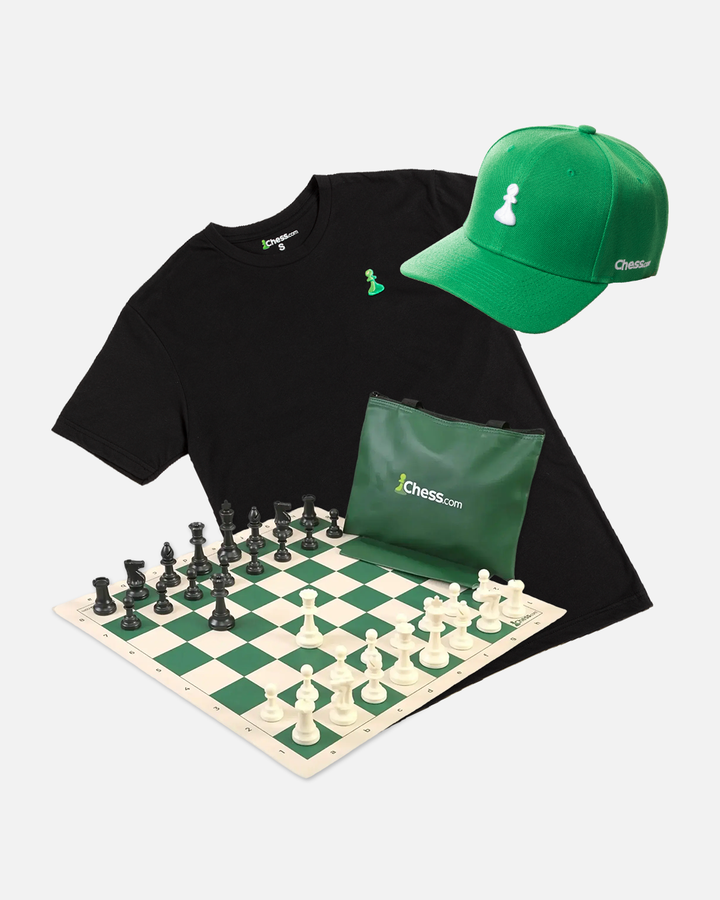 Chess.com Father's Day chess gift set – embroidered green pawn hat, black cotton tee, and roll-up green and white chess board with green zip bag